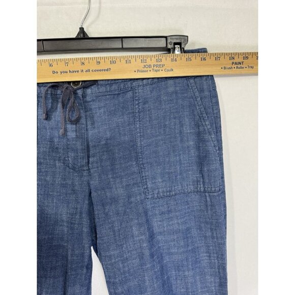 Talbots Signature Chambray Pants Womens 8 Blue Tie Button Waist Roll Tab Crop - Picture 6 of 9
